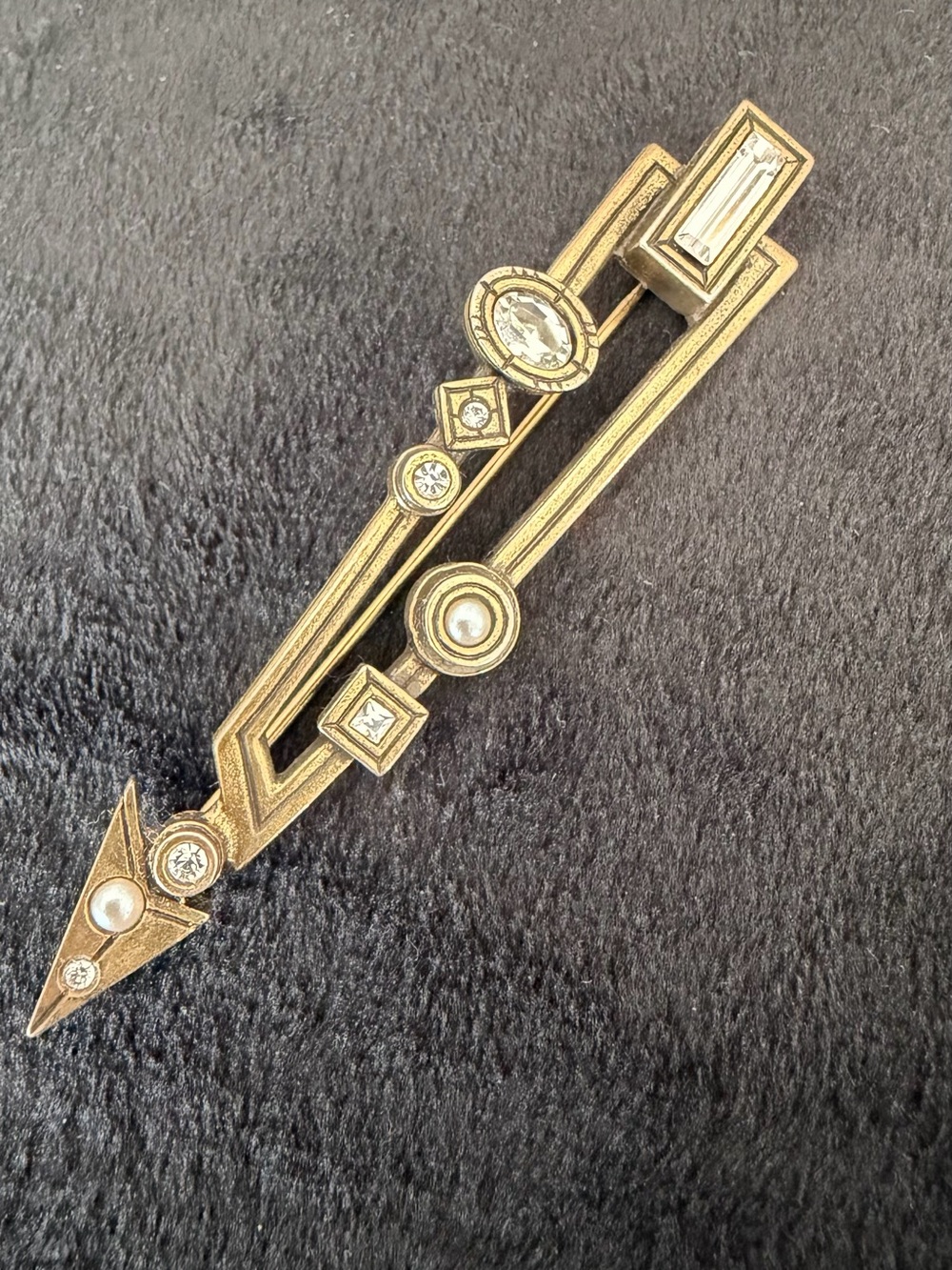 Gold Arrow Geometric Brooch with Crystal and Pearl Accents